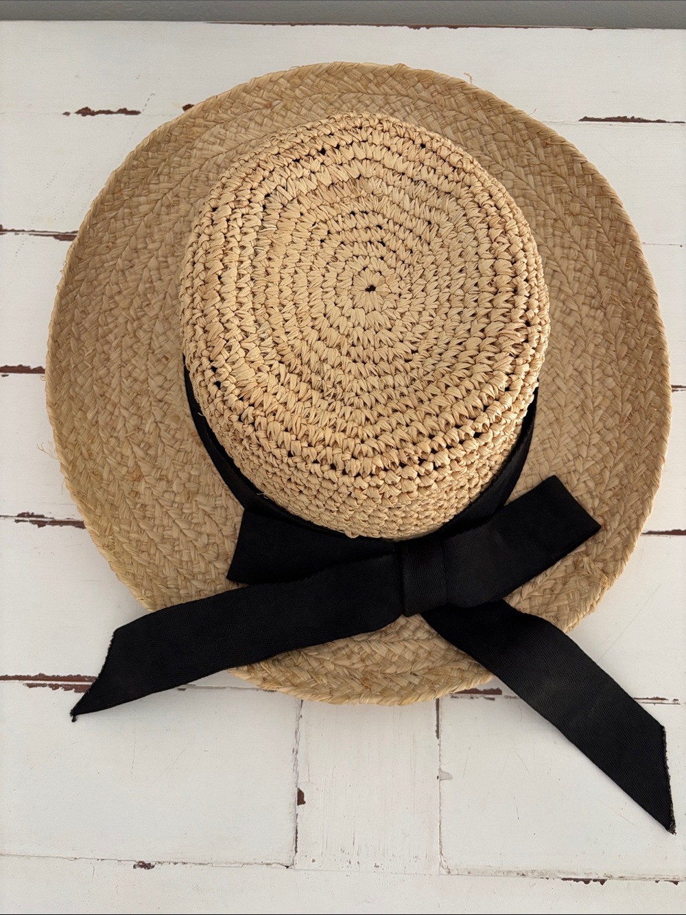 Scala Natural Straw Boater Hat with Black Ribbon